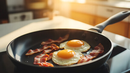 Sizzling breakfast of bacon and eggs in a pan, golden sunlight streaming through the kitchen. A tasty and classic morning meal to start the day right!
