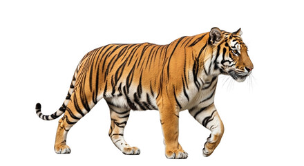 Fototapeta premium Majestic Bengal tiger with orange and black stripes walking isolated on transparent background