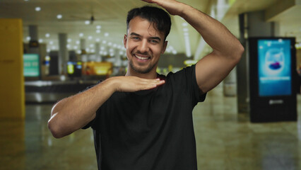 Fototapeta premium Young hispanic man smiling inside airport terminal with hands framing face conveying joy and excitement in modern indoor travel environment.