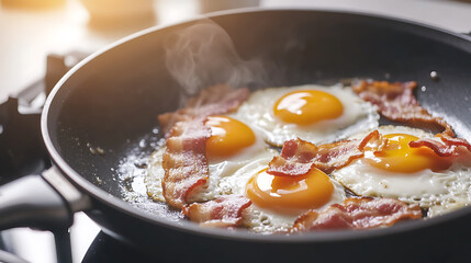 A close-up of a skillet filled with four sunny-side-up eggs and strips of crisp bacon, all cooking together on a stovetop. Breakfast is served! Fuel your day with this delicious meal.