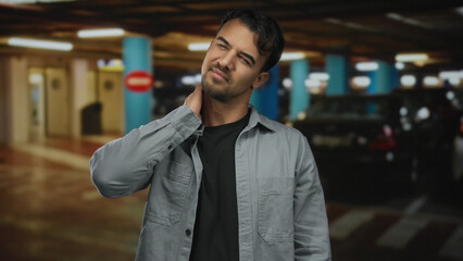 Young hispanic man in an indoor parking lot massages his neck in discomfort beside a parked car suggesting neck pain or strain in an urban environment
