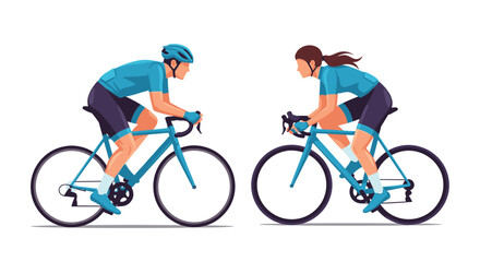 Fototapeta premium Two cyclists wearing blue jerseys and helmets riding on bicycles during a race.