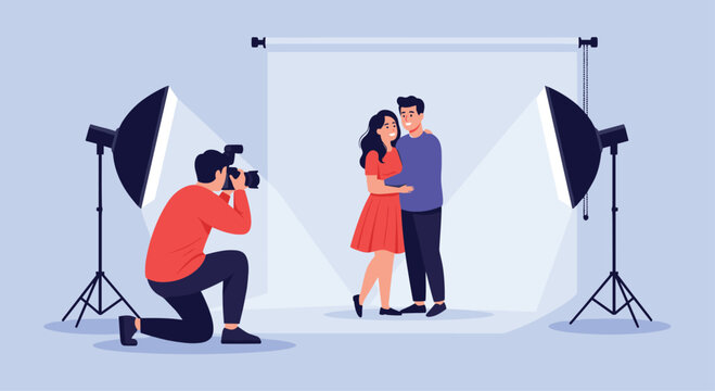 A professional photographer captures a loving couple in a studio setting with studio lighting.