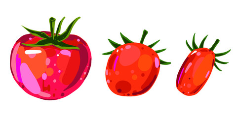 Vector illustration of red tomatoes with green stems. Hand drawn fresh vegetables isolated on white background.