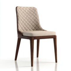 Obraz premium A stylish modern dining chair featuring a quilted light beige upholstery and elegant wooden legs, isolated against a clean white background, exuding sophistication and comfort.