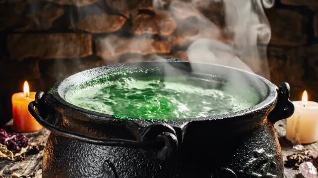 A witch's magical cauldron is brewing a bubbling, glowing green poison or potion, with heavy smoke rising in a dark and mysterious sorcerer's lair.