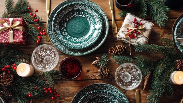 Rustic holiday table setting with festive decor and elegant green dinnerware