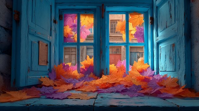 Enchanted glass: the dance of fall leaves in rain. Vibrant expression. Muted reflections of autumn leaves on a rain-spattered window. Oddly captivating. Experimental photography.