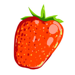 Vector illustration of a ripe strawberry with green leaves. Hand drawn juicy red berry isolated on white background.