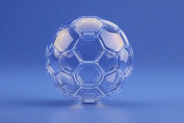 Naklejka premium A crystal-clear glass soccer ball features a hexagonal pattern against a vibrant blue background. Abstract geometric shapes inside enhance its minimalistic design