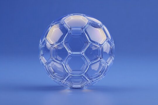A crystal-clear glass soccer ball features a hexagonal pattern against a vibrant blue background. Abstract geometric shapes inside enhance its minimalistic design