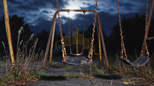 A haunted and eerie scene in an empty playground after dark, where a single swing creaks back and forth as if pushed by an invisible ghost.