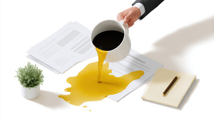 Employee spilling hot coffee on important document office accident stress mistake paperwork business workplace mess