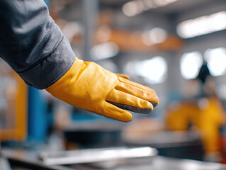 Worker hand wearing yellow safety glove in industrial factory, protective equipment for workplace safety, focus on glove and arm