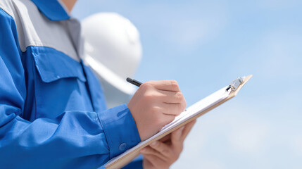 Engineer in blue uniform holding clipboard and pen, checking checklist outdoors under clear sky, professional and focused mood