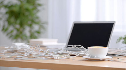 Office desk with tangled cables, closed laptop, coffee cup, and books, creating cluttered and chaotic workspace atmosphere