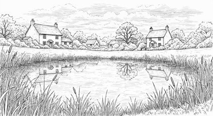 Fototapeta premium Reflective Village Pond with Cottages Line Drawing