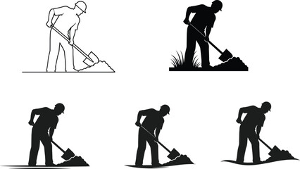 Obraz premium Construction worker silhouette, digging with shovel, manual labor posture, safety helmet, industrial task, black graphic, soil excavation, landscaping work, flat vector