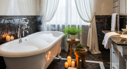 Luxurious romantic bath with candles and marble in an opulent bathroom.
A captivating, horizontal shot of an opulent bathroom featuring a classic white clawfoot bathtub filled with bubbly water