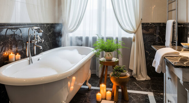 Luxurious romantic bath with candles and marble in an opulent bathroom.
A captivating, horizontal shot of an opulent bathroom featuring a classic white clawfoot bathtub filled with bubbly water  - Powered by Adobe