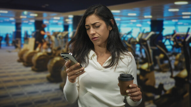 Woman frowning while checking smartphone and holding takeaway coffee in a gym building; frustration.