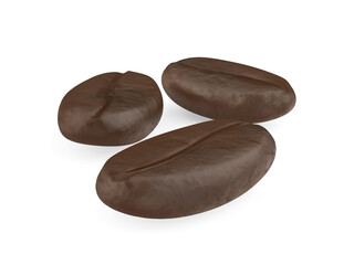 Three roasted coffee beans on white background