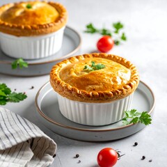 Close-up of two baked savory dishes in white ramekins, with garnish