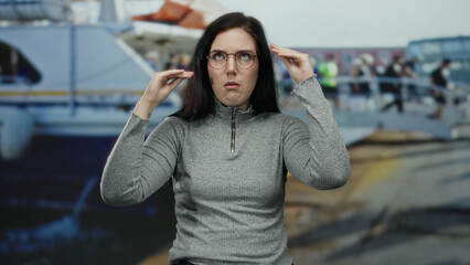 Fototapeta premium Woman with brunette hair wearing glasses in a gray shirt gestures at a bustling port with boats and ships in the background, creating a lively maritime setting.