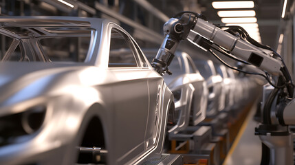 Fototapeta premium Robotic arm working on vehicle body. Automated production line in an automotive factory. Car manufacturing process. High-tech and efficient assembly. Automotive innovation.