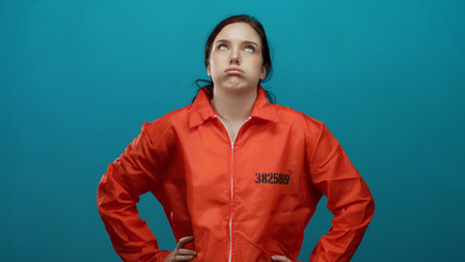 Woman wearing an orange prison jumpsuit stands against a blue background, expressing boredom and...