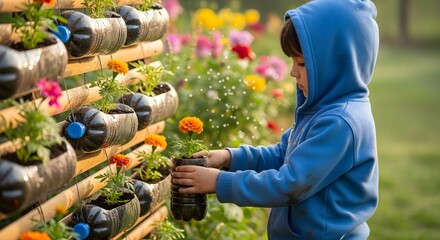 Young child in blue hoodie tending to a vibrant vertical garden made from recycled plastic bottles