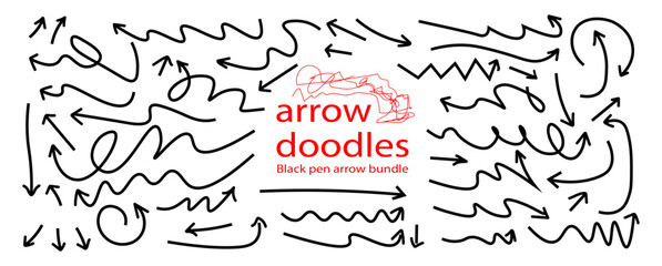 A diverse collection of hand-drawn black doodle arrows pointing in various directions. Vector illustration set isolated on a white background for design projects