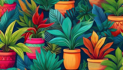 seamless pattern with colorful potted houseplants n tropical indoor plants background