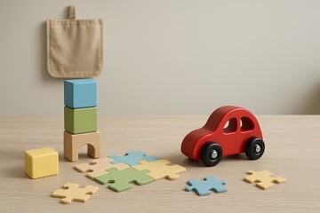 minimalist play area, neat play space with toys, clean and simple play zone with toys and storage