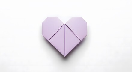 Soft lavender purple origami paper heart on white. Represents gentle love, spirituality, luxury, and thoughtful handmade romance. Clean flat lay design.
