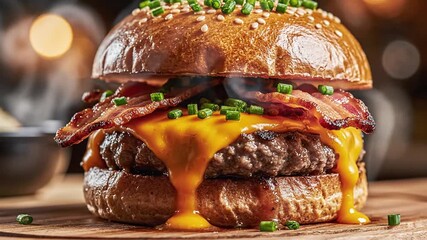 Delicious burger with melted cheese and bacon on wooden surface - Powered by Adobe