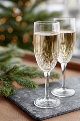 Elegant festive setting with two crystal champagne glasses filled with sparkling wine, placed on a stone tray near pine branches and warm Christmas bokeh lights in the background