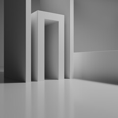 Empty building structure with geometric structure, 3d rendering. White abstract geometric construction, empty indoor architecture scene. Minimal abstract architectural 3D render with soft light, 3D