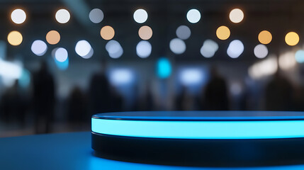 Sleek illuminated platform in a futuristic presentation space. The platform features a bright cyan light strip, with a crowd and soft lighting in the blurred background. A display for technology.