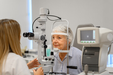 Female ophthalmologist performing eye exam on senior woman with slit lamp during vision assessment...