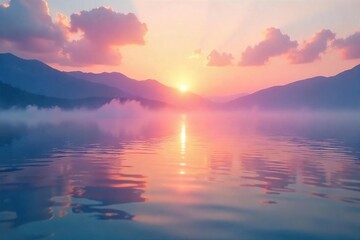 Fototapeta premium Serene Sunrise Over Calm Water Pastel Colors Reflecting Tranquility and Wellbeing, Ideal for Wellness and Mindfulness