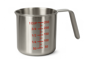 Stainless steel measuring cup with volume markings for cooking and baking ingredients, professional kitchen utensil