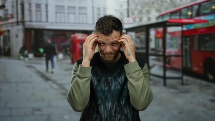 Fototapeta premium Man showing various emotions on urban street with double-decker bus and british phone booth nearby, conveying frustration and contemplation in a city setting.