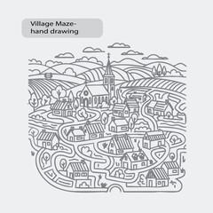 Charming village maze hand drawn landscape with winding paths and countryside scenery vector