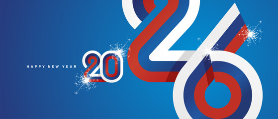 Happy New Year 2026. Combination of small and large typography in the shape of a Slovakia ribbon for the year 2026. Abstract white blue red ribbon flag with sparkling fireworks on a blue background