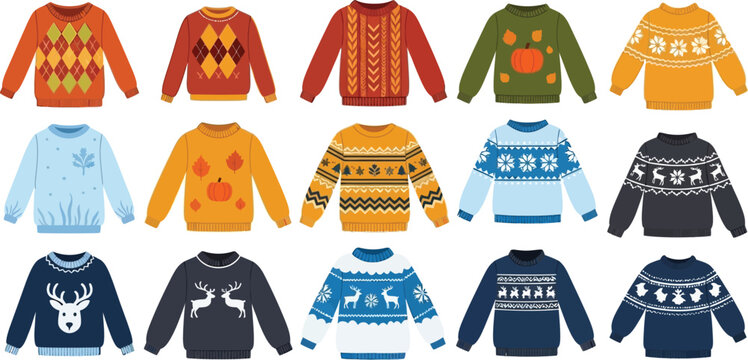 Collection of festive christmas sweaters with fun patterns and winter themes for the holidays flat design vector illustration isolated on transparent background
