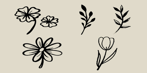 Set of hand drawn black floral elements and botanical branches on a neutral background