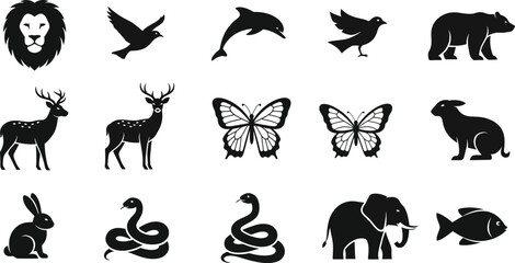 Collection of animal silhouettes featuring diverse wildlife creatures and insects for various designs flat design vector illustration isolated on transparent background