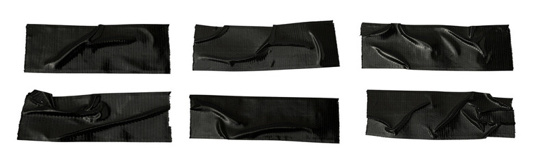 Set of different black sticky tapes isolated on a white background, black paper adhesive tape...