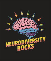 Colorful illustration of a human brain with neurodiversity text and lightning bolts